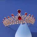 Elegant gold alloy tiara with large red crystals and small white diamonds for bridal styling - Hollow Teardrop Red Crystal Style (052)