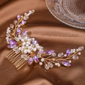 Macro shot of handmade gold wire hair comb with white pearls and purple crystals - Gold Purple