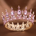 Couronne baroque dorée avec d'élégants cristaux roses pour mariages et soirées de gala - Cercle Complet Or Tout Rose