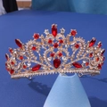 Baroque bridal crown in gold finish with vibrant red rhinestones and heart pattern - Baroque Heart Red Rhinestone Style (1047)