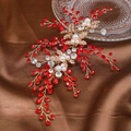 Serre-tête de mariée élégant avec feuilles dorées, cristaux rouges et perles blanches - Rouge