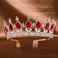 Detailed close-up of golden Baroque crown with large red pear-shaped rhinestones and side combs - Gold Red with Hair Comb