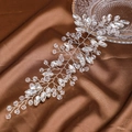 Handmade silver bridal hair vine with sparkling crystals and beads on brown silk fabric - Silver