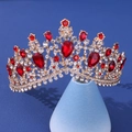 Elegant gold bridal tiara with large red gemstones and sparkling white crystals - Vintage Hollow Red Gemstone Style (346)