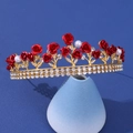 Elegant gold bridal crown featuring red roses, clear rhinestones and white pearls - Court Red Rose Pearl Style (1082)
