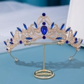 Corona da sposa dorata con gemme blu scuro a forma di pera e strass bianchi lucidi - Oro-Blu Reale