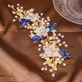 Elegant bridal hair band with gold wire flowers, blue gems, and white pearls - Blue