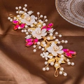 Close-up of handmade bridal headband with gold wires, white flowers and pink crystals - Rose Red