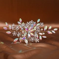 Exquisite bridal hair comb with AB rhinestones and pearls on a silk background - Hair Comb / Colorful Zirconia