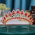 Elegant gold bridal crown with sparkling red crystals and white rhinestones - Semicircle Symmetrical Red Teardrop Style (212)
