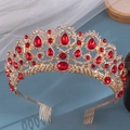 Elegant gold bridal crown with red pear-cut rhinestones on a blue background - Gold Alloy Red White Rhinestone Style (444)