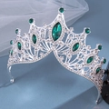 Vintage silver Baroque crown featuring emerald green marquise crystals and clear rhinestones - Silver / Green