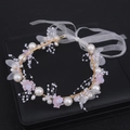Handmade bridal headband with pink fabric flowers, pearls, and gold leaf weaving - Pink Headband