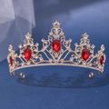 Exquisite gold bridal crown with sparkling red pear-shaped rhinestones for wedding styling - Hollow Pattern Red Pear Rhinestone Style (037)