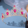 Baroque golden tiara with rose red teardrop gems and white rhinestones for brides - Gold Base Rose Red