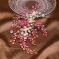 Bijou de cheveux doré fait main avec cristaux rouge rose et perles pour mariée - Rose