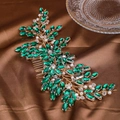 Peigne à cheveux de mariée avec cristaux verts et perles sur satin marron élégant - Or Vert