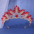 Elegant gold bridal crown with red teardrop crystals and sparkling white rhinestones - Flower Cluster Leaf Red Crystal Style (041)