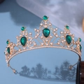 Baroque bridal tiara with green teardrop crystals and sparkling white rhinestones in gold - Gold / Green