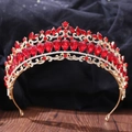 Luxurious bridal tiara with red pear-shaped rhinestones on a gold metal frame - Luxury Court Red Pear Rhinestone Style (042)