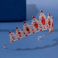 Elegant gold bridal tiara with luxury red crystals and white rhinestones on blue base - Luxury Red Teardrop Bright Rhinestone Style (301)