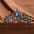 Vintage bronze Baroque crown with blue marquise rhinestones for wedding hair styling - Black Lake Blue Zirconia