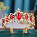 Elegant gold bridal tiara with red teardrop crystals and secure hair combs for styling - Teardrop Main Stone Comb Fixed Style (439)
