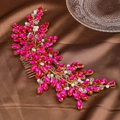 Peigne à cheveux mariée fait main avec strass fuchsia et perles sur monture dorée - Rose rouge