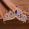 Vintage baroque golden crown with blue marquise rhinestones on brown silk fabric - Gold Royal Blue