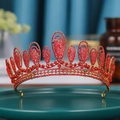 Elegant gold bridal tiara with vibrant red rhinestones and intricate pointed arch design - Layered Spire Red Small Rhinestone Style (491)