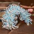 Elegant bridal headband featuring white pearls and blue beads on silver woven wire - Sky Blue