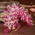 Exquisite floral bridal headpiece with pink crystals and pearls on gold wire frame - Rose Red