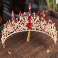 Baroque golden bridal crown with red teardrop crystals and sparkling white zircons - Baroque Hollow Scroll Red Gemstone Style (666)