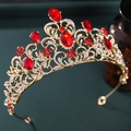 Baroque gold bridal crown with red rhinestones and teardrop crystal details - Hollow Flower Red Rhinestone Style (818)