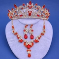 Conjunto de joyas de novia con corona de cristal rojo, collar y pendientes en oro - Modelo de diamantes de imitación calados rojos (Estilo 15)