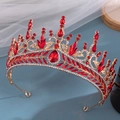 Elegant bridal tiara in gold finish featuring red teardrop gemstones and white rhinestones - Radial Red Teardrop Imitation Stone Style (842)
