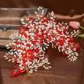 Exquisite bridal hairband with white pearls and red crystals on golden braided wire - Red