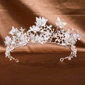 Silver bridal crown with crystal butterflies, pearls and flowers on brown silk - Silver Rainbow Diamond