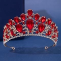 Elegant red rhinestone bridal crown with gold alloy base for wedding and party styling - Arc Red Gemstone Style (1040)