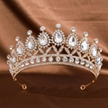 Elegant gold bridal tiara with sparkling teardrop crystals and intricate zircon stones - Gold