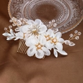 White tulle flower bridal hair comb with gold wire, pearls and crystals for wedding - Gold