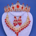 Set de joyería nupcial de lujo con gemas rojas corona dorada collar aretes - Estilo de Diamante de Imitación Simétrico Rojo (Estilo 20)