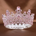Elegante tiara a corona in argento con cristalli rosa e motivi floreali barocchi - Cerchio Completo Argento Rosa