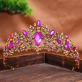 Baroque bridal crown with pink crystals and AB rhinestones on antique gold alloy - Colorful Zirconia