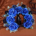 Exquisite dark blue rose floral headband with black roses and green leaves on brown fabric - Dark Blue Rose Style
