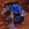 Macro view of blue and black rose petals on a gothic style decorative floral headband - Royal Blue And Black Rose Style