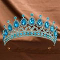 Elegant gold bridal tiara with sparkling deep blue rhinestones and teardrop crystals - Gold Lake Blue