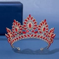 Baroque gold bridal crown with red marquise gems and white rhinestones on blue base - Baroque Fan Red Gemstone Radial Style (618)
