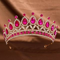 Elegant gold bridal crown with magenta teardrop crystals and sparkling rhinestones - Gold Rose Red