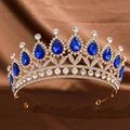 Vintage gold bridal tiara with sparkling white rhinestones and pear-cut deep blue gemstones - Gold Blue